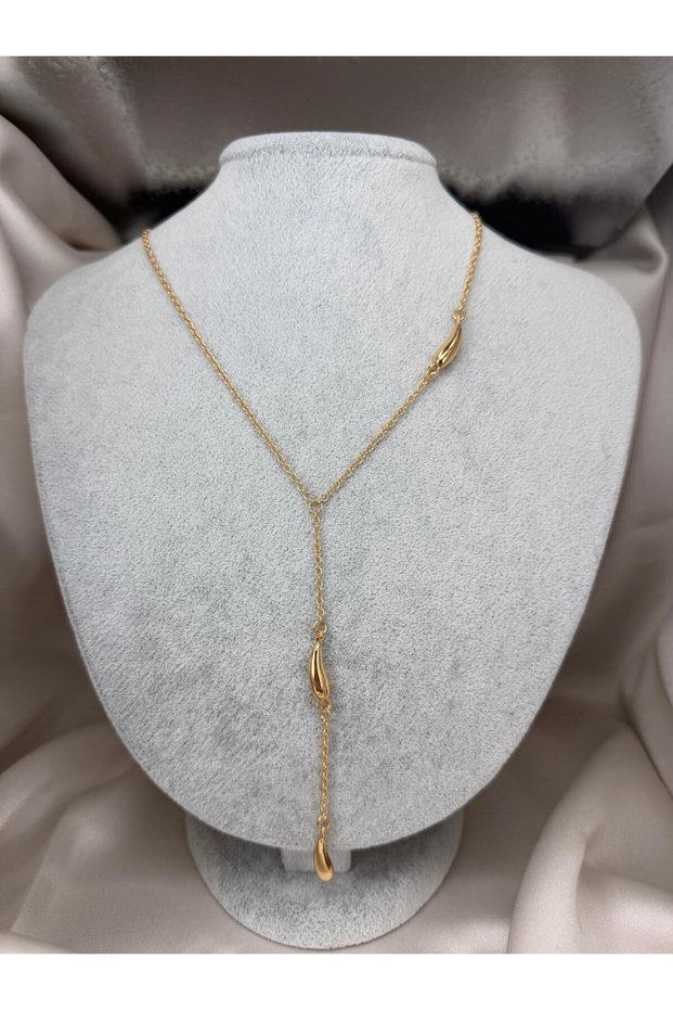 Gold Color Drop Detailed Y Necklace Minimalist Long Chain Women's Necklace