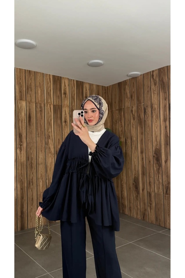 Women's Front-Lace Kimono Pants Set - Navy Blue