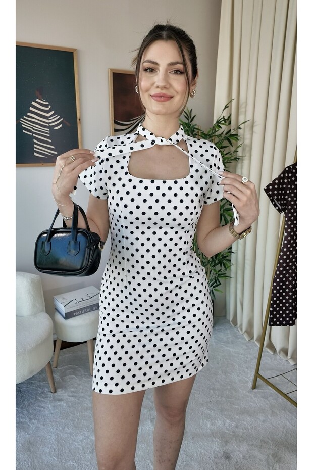 Women's Polka Dot Low-Cut Lace-Up Collar Retro Mini Dress
