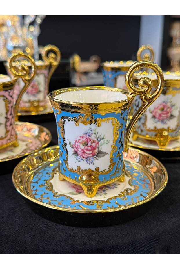 6-Piece Colorful Embossed Golded Patterned Footed Coffee Cup Set 90 ml
