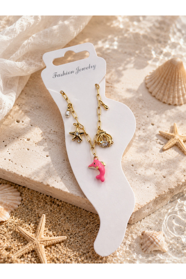 Summer Themed Anklet with Starfish, Dolphin and Seashell Figures – Gold Color Stylish Women's Anklet