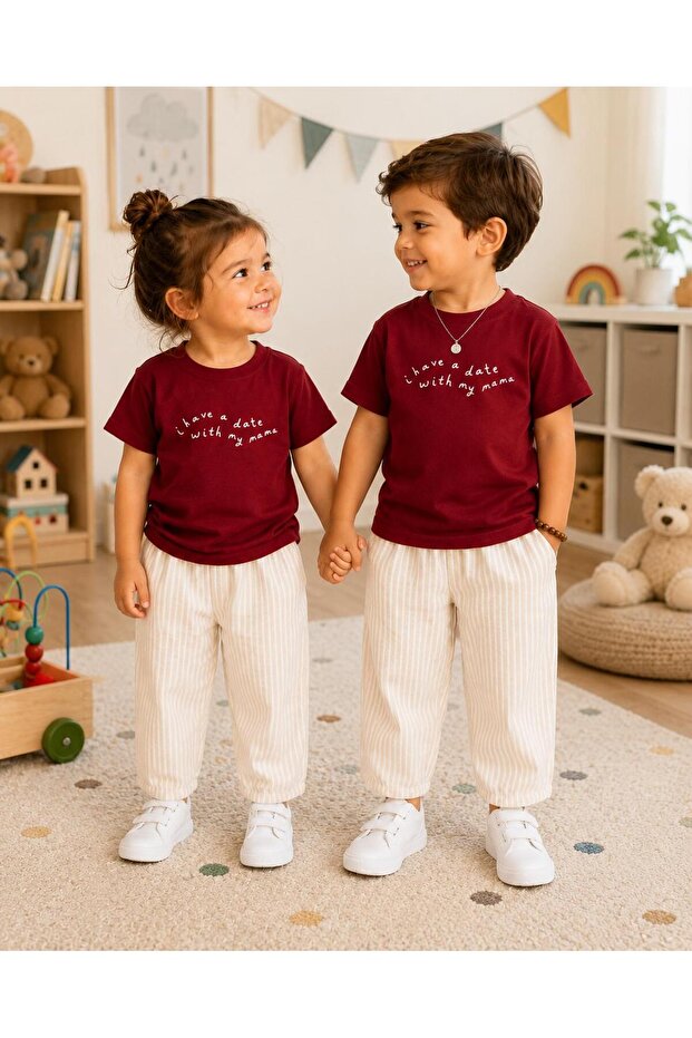 Unisex Woven Gabardine Trousers with Front and Back Text Print T-Shirt Top and Bottom Set