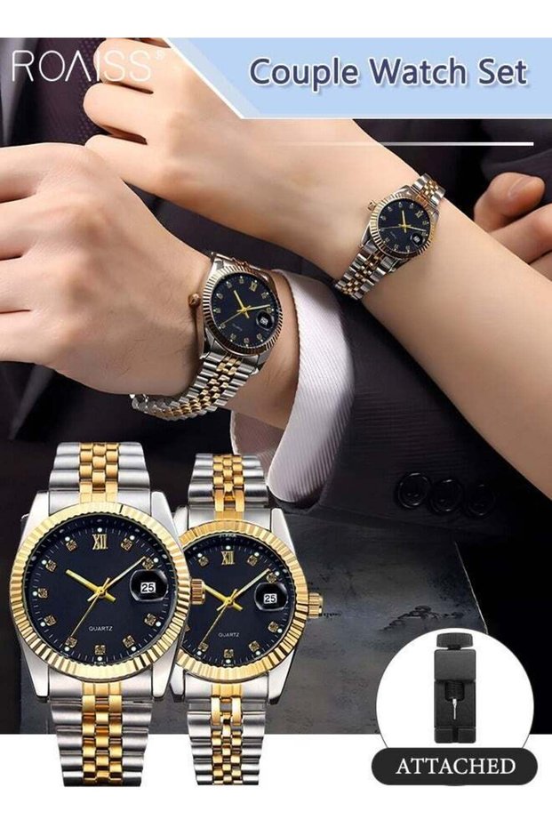 Couple Quartz Watch Set Stainless Steel Strap Round Dial with Rhinestone Decoration Luxurious Luminous Waterproof Calendar Analog Wristwatch Gift for Men and Women Black Gold