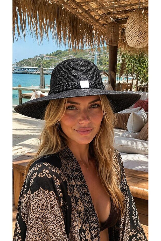 Black Wide Round Straw Women's Hat with Accessory Detail