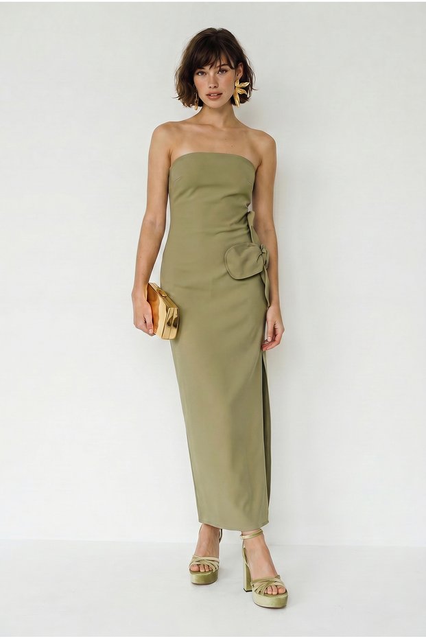 Women's Mint Green Strapless Maxi Dress with Floral Accessories and Slit Detail 2602 60283331
