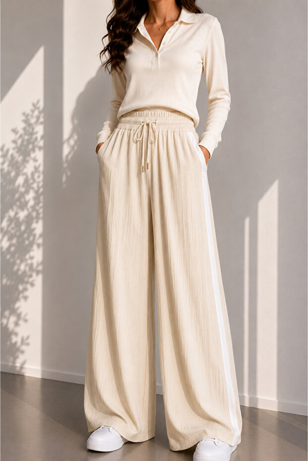 Women's Summer Crinkle Wide-Leg Loose-Fit Striped Trousers with Pockets