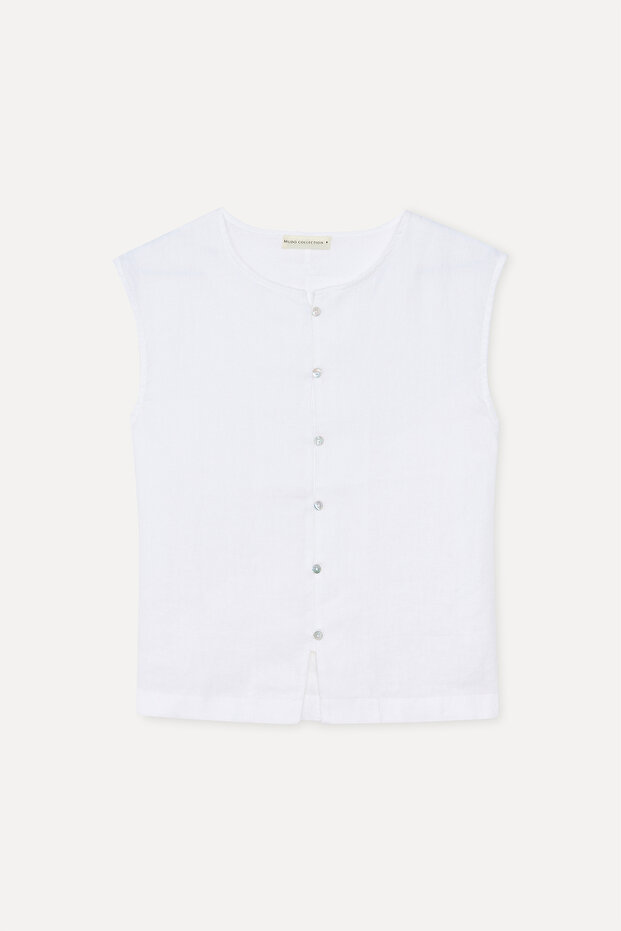 Women's White Regular Fit Sleeveless Linen Shirt