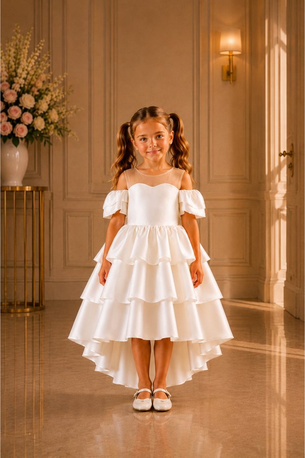 Shedress Girls' Ecru Layered Flounce Tulle Collar Evening Dress