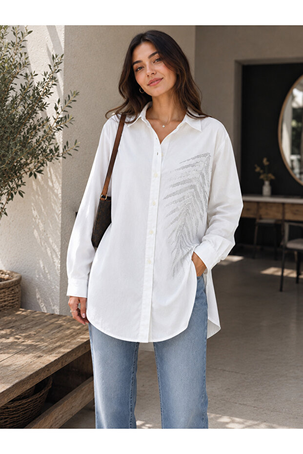 Women's Clothing Stone Embellished Premium White Shirt