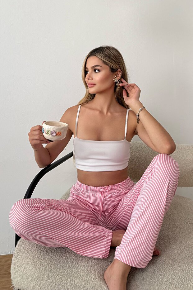 Women's elastic waist striped patterned pajama bottoms pink - 2059