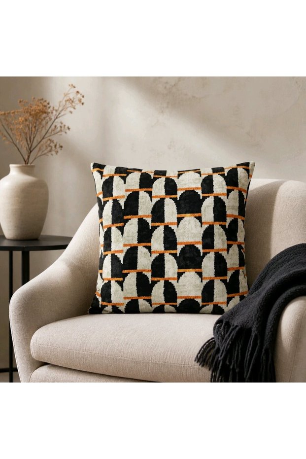 Modern Retro Patterned Decorative Throw Pillow Cover Black Cream Orange