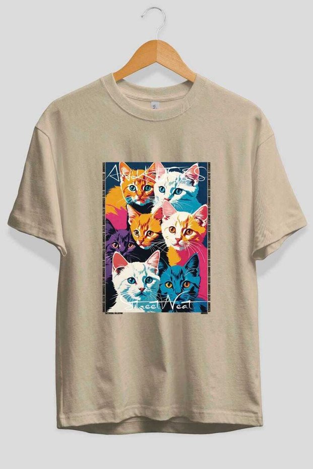 For the Love of Cats 20 Front Cat Printed Beige Oversize T-Shirt 100% Cotton Unisex Cat Lover Premium Design