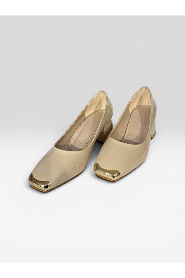 Metal-Detail Lacquered Leather Short-Heel Shoes