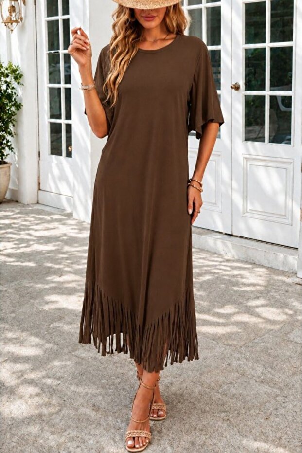 Women's Short Sleeve Crew Neck Tassel Zigzag Patterned Midi Viscose Dress