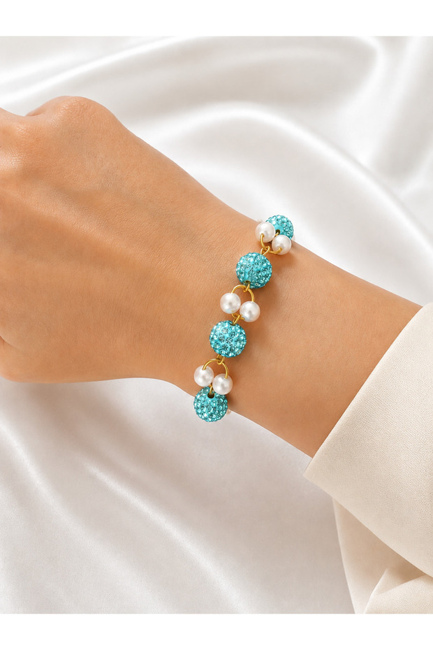 Blue Shiny Stone and Pearl Detailed Beaded Bracelet | Stylish Women's Bracelet - Zircon Steel Bracelet
