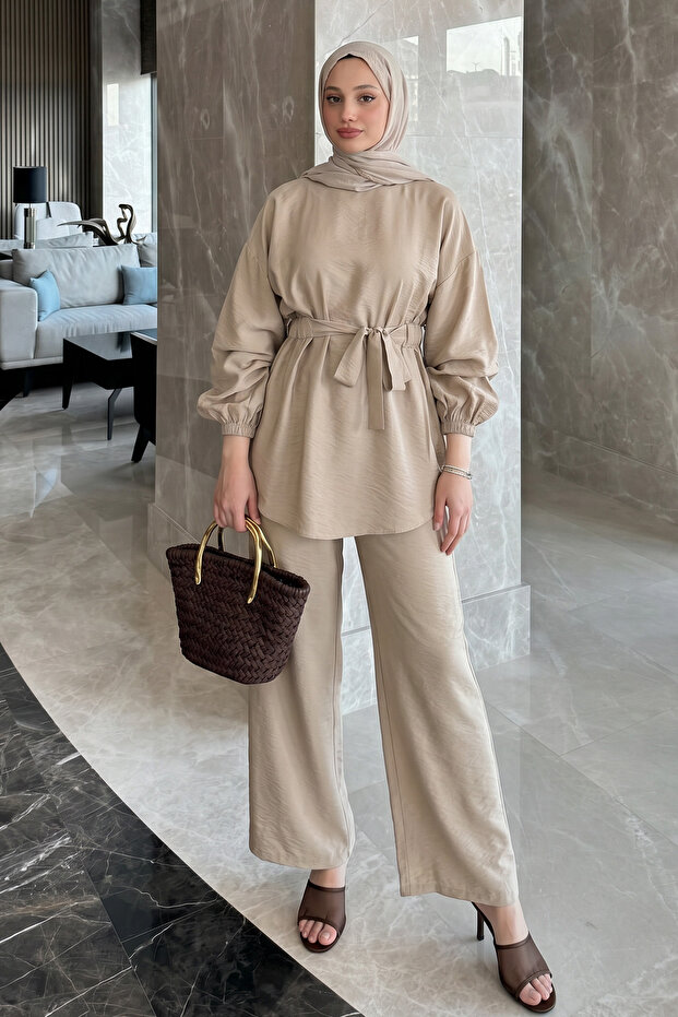Waist Elastic Detailed Double Set Y0132 - Stone Color