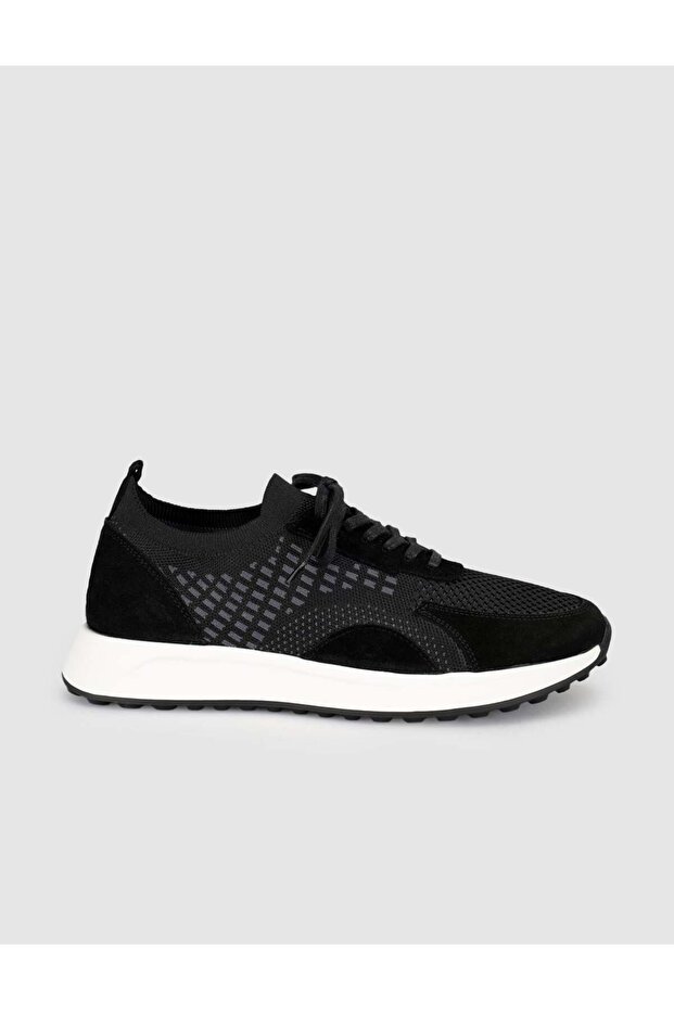 Black Knitwear Genuine Leather Men's Sneaker Shoes
