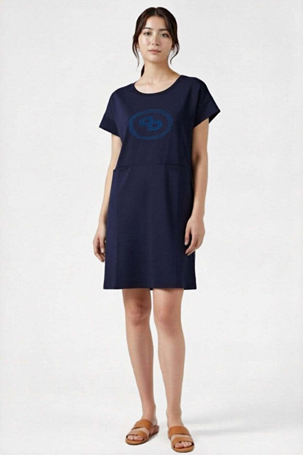 Women's Stone Detailed 2 Thread Dress-Navy Blue