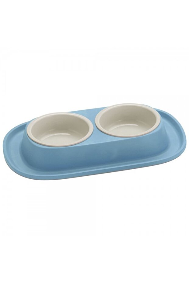 Soft Touch Double Bowl for Pets – Blue Non-Slip Dual Feeding Station with Removable 2 x 460ml Bowls