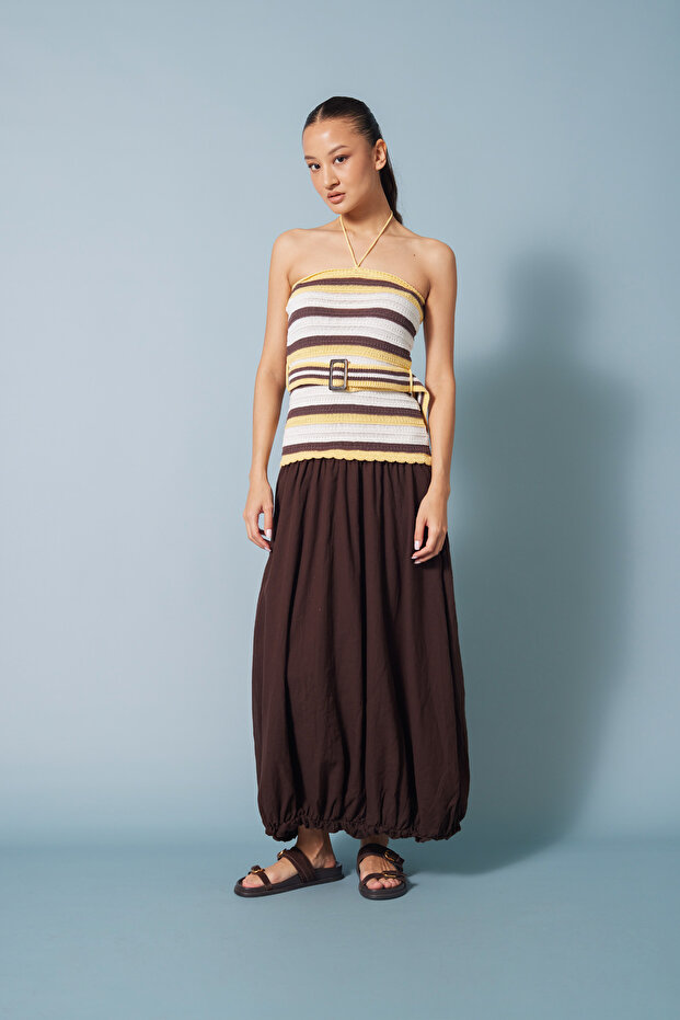 Striped Tricot Garnished Dress Yellow-Brown