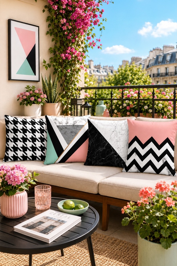 Houndstooth Marble Patterned 4-Piece Throw Pillow Cover Set