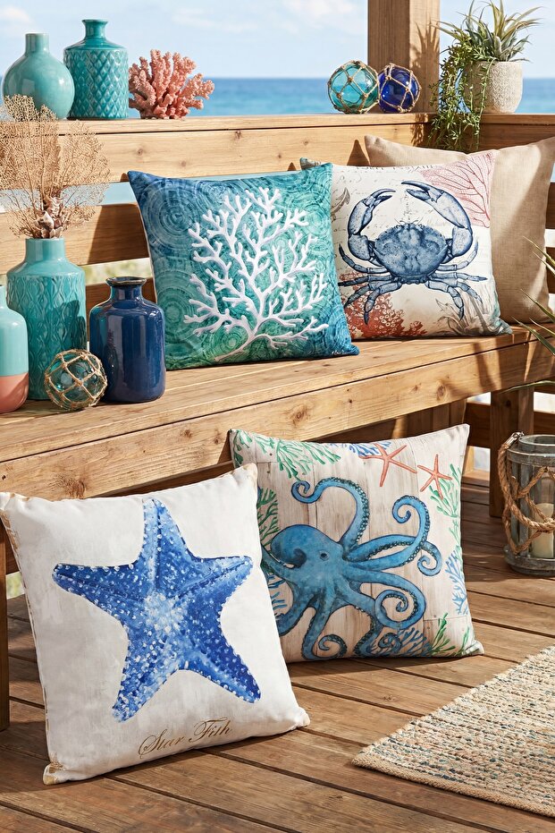 Sea Animals Patterned 4-Piece Throw Pillow Cover Set
