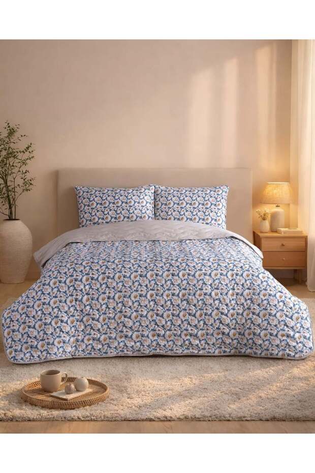 Double Cotton Quilted Multi-Purpose Bedspread & Bed Cover / Soft Blue