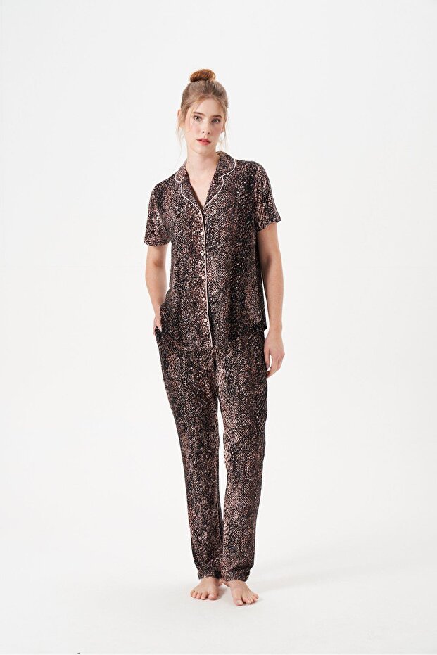 Women's Patterned Shirt Collar Short Sleeve Pajama Set 29075