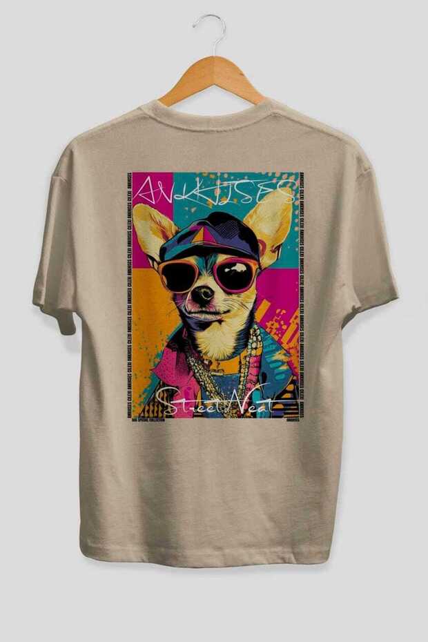 For Dog Lovers 37 Back Dog Print Beige Oversize T-Shirt 100% Cotton Unisex Dog Lover Premium Design