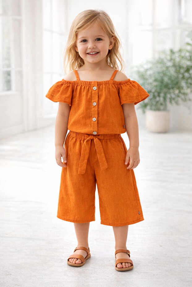 Girl's Cotton Off-Shoulder Capri Buttoned Summer Top and Bottom Set
