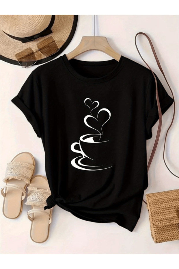 Heart and coffee cup pattern printed premium oversize t-shirt for women