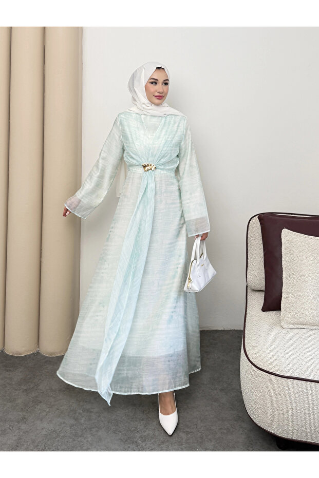 Silk Model Belted Ankle Drawstring Pattern Detailed Women's Dress