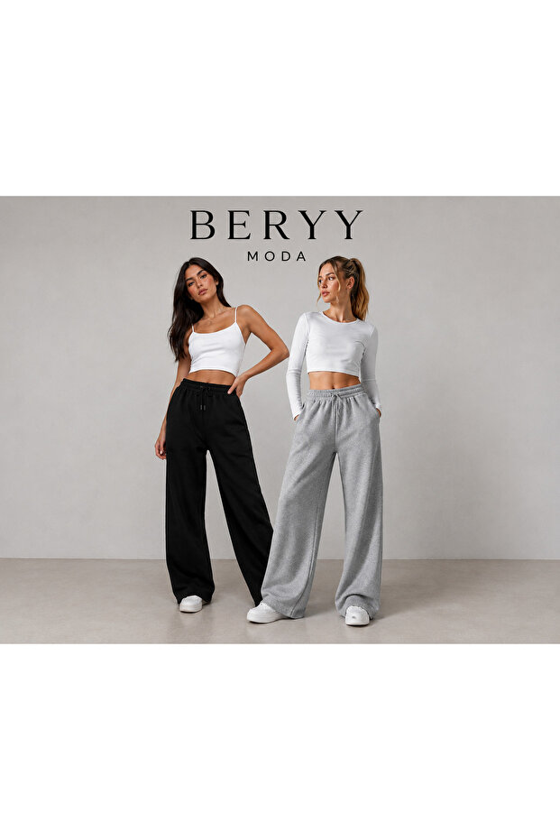 2-Piece Black and Gray Wide-Leg Sweatpants Set - at Home, Sports, and Outdoors