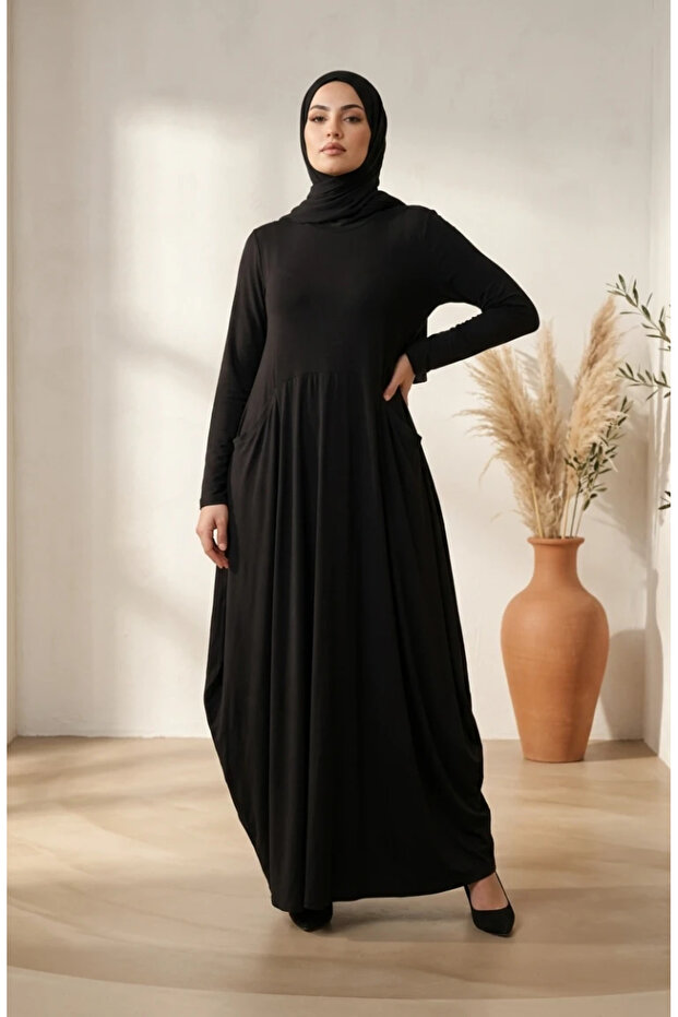 Sandy Fabric Pocket Hijab Dress 5656-05 Black