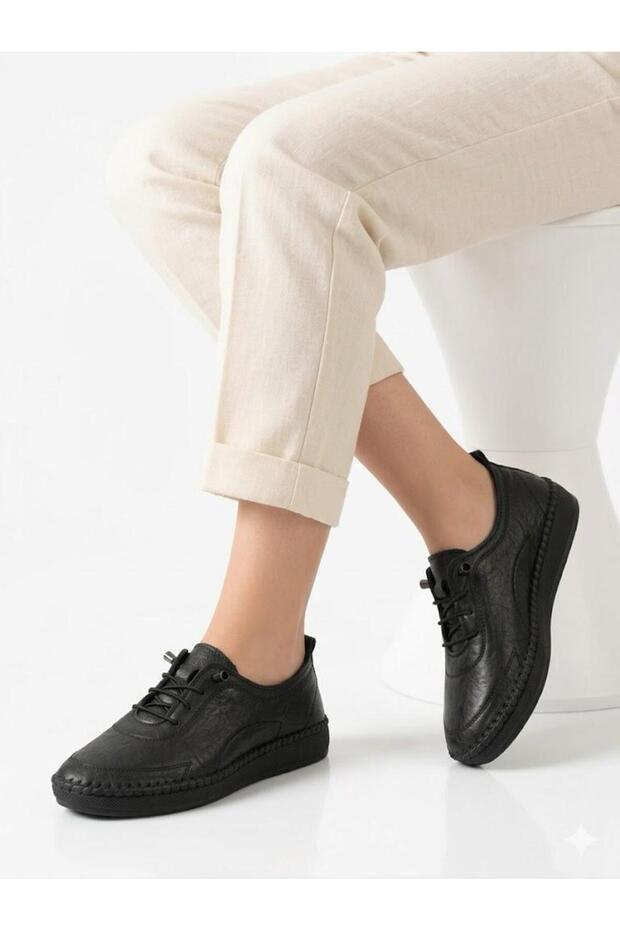 Women's Black Genuine Leather Orthopedic Soft Sole Casual Shoes