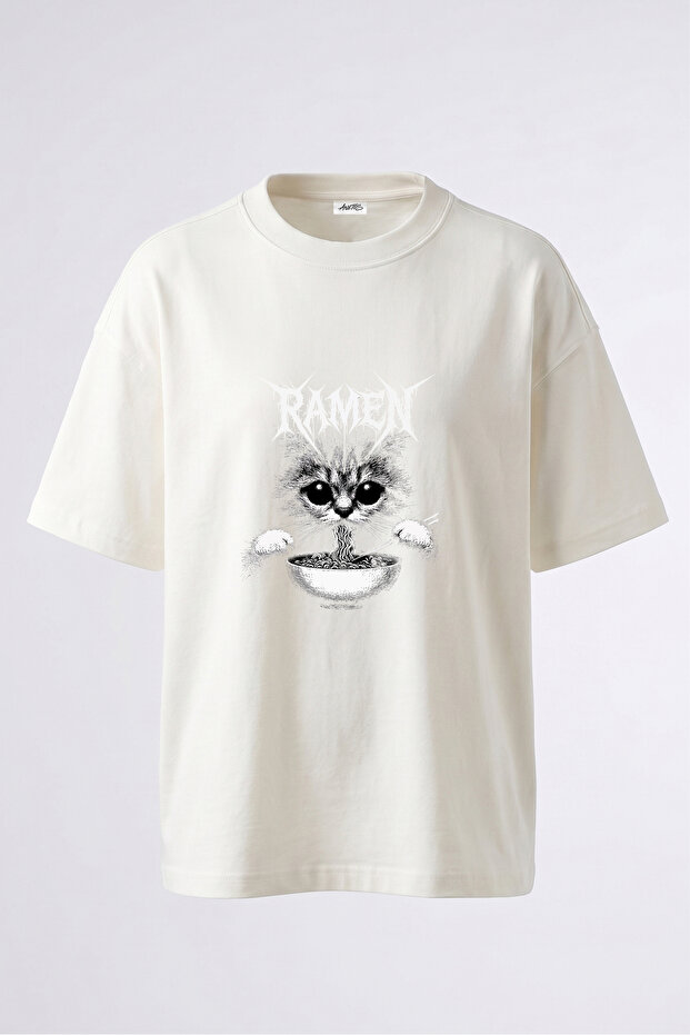 Raven Kitten Design Back Printed Cotton White Oversize T-Shirt