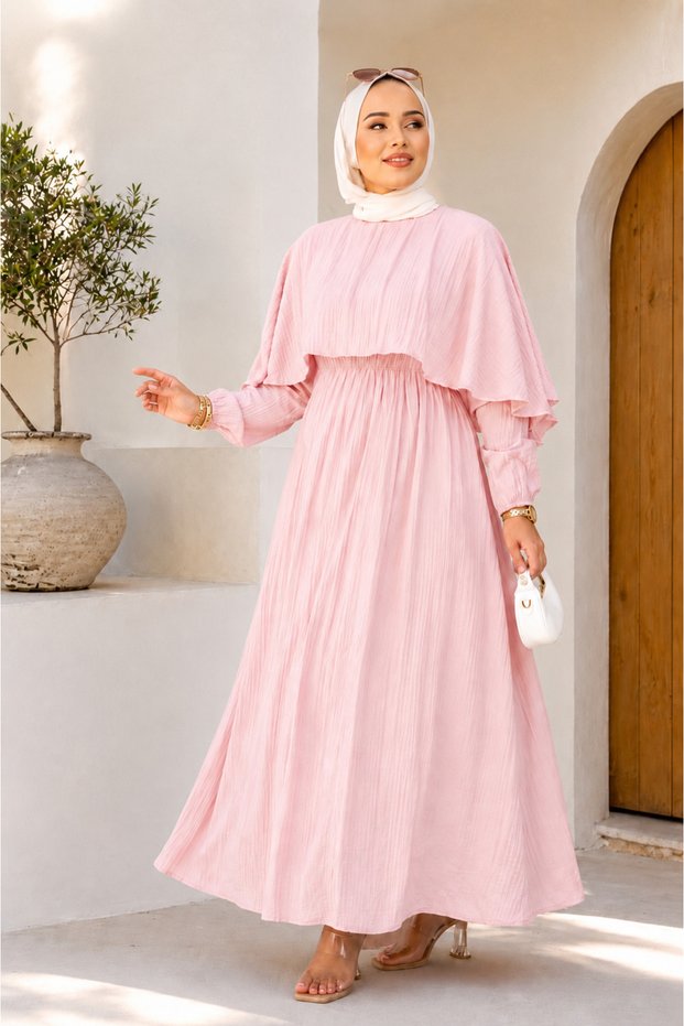 Women's Cape Detailed Lined Seersucker Long Summer Hijab Dress Sb0043