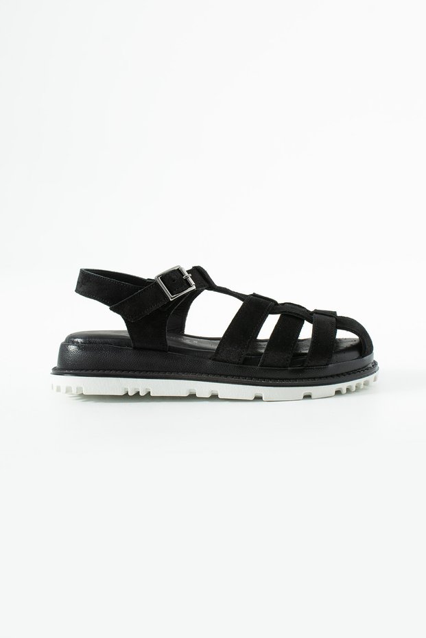 Avenor Women's Buckle Detailed Genuine Leather Sandals Black Suede