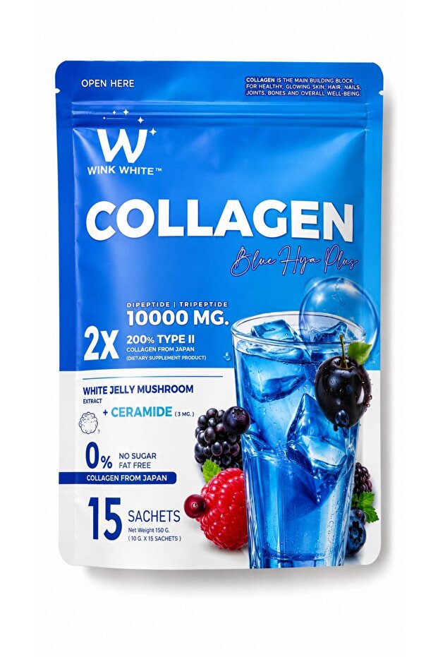 كولاجين بلو هيا بلس (Collagen Blue Hya Plus). تحتوي الكيس الإجمالي على 15 مغلفاً