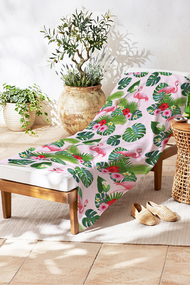 Flamingo Tropical Leaf Beach Towel - Pink Green Bohemian Summer Quick Dry Microfiber Towel