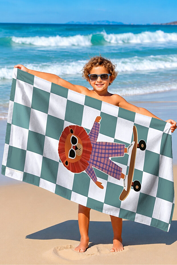 Skateboarder Boy Beach Towel with Lion Figure - Plaid Design Pool Sea Microfiber Towel