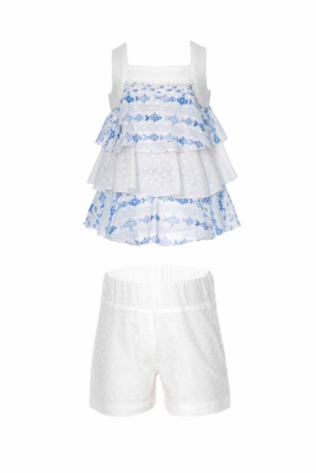Baby Girl Fish Print Layered Ruffle Sleeveless Top and Shorts Two-Piece Set - Summer Party, Vacation, Beachside (9m, 12m, 18m, 24m, 36m) 311004Ca