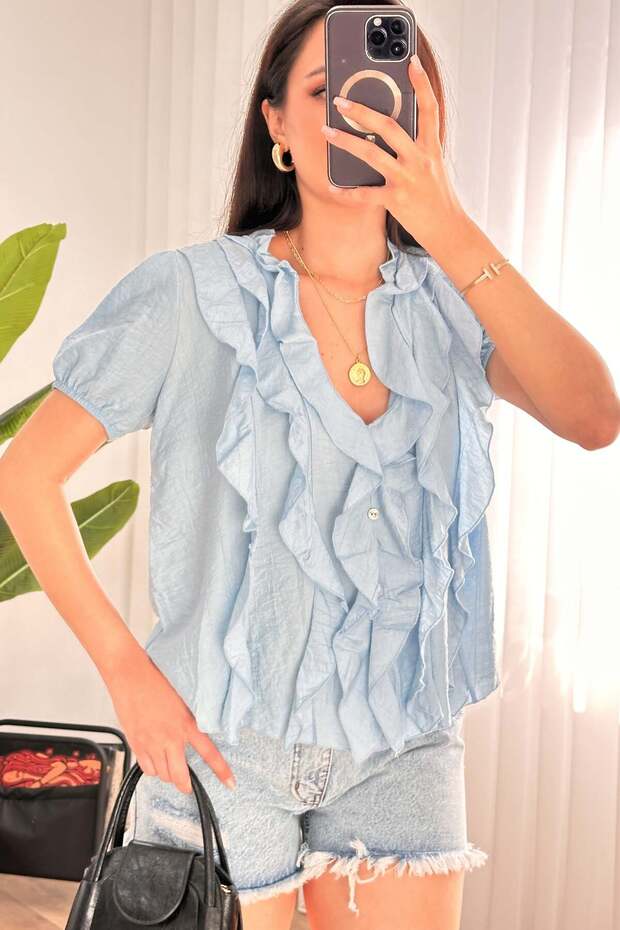 Ruffle Detailed Short Sleeve Baby Blue Blouse