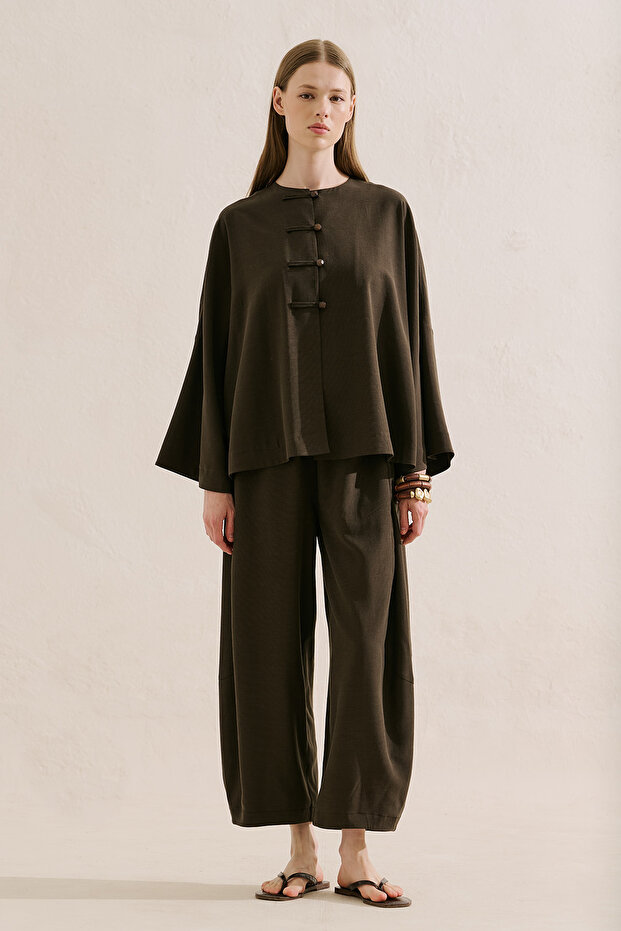 بنطلون شالوار من مزيج الكتان بلون بني غامق