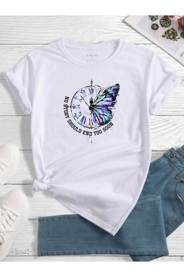 White T-Shirt with Butterfly and Clock Print