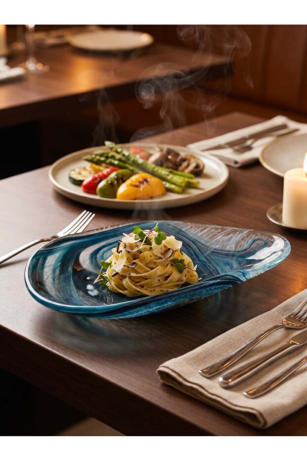 طبق المقبلات أزرق اللون من الألباستر 22 سم