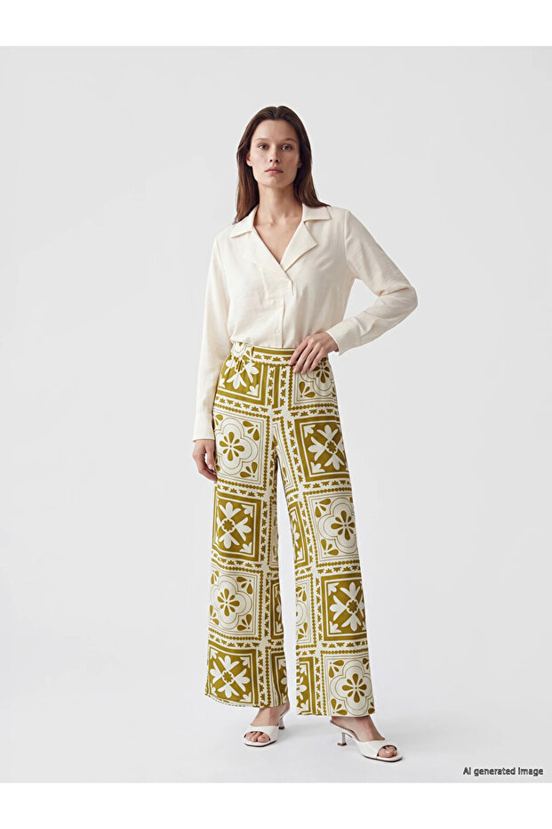 Green Patterned Women's Trousers with Elastic Waist