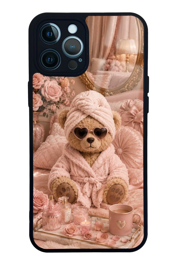 iPhone 12 Pro Max Glossy Phone Case with Pink Teddy Spa Design