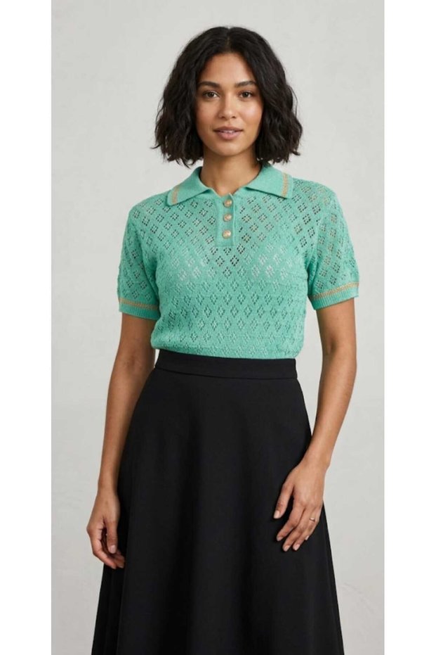 Women's Short-Sleeved Summer Perforated Shiny Stylish Acrylic Shirt Collar Buttoned T-Shirt