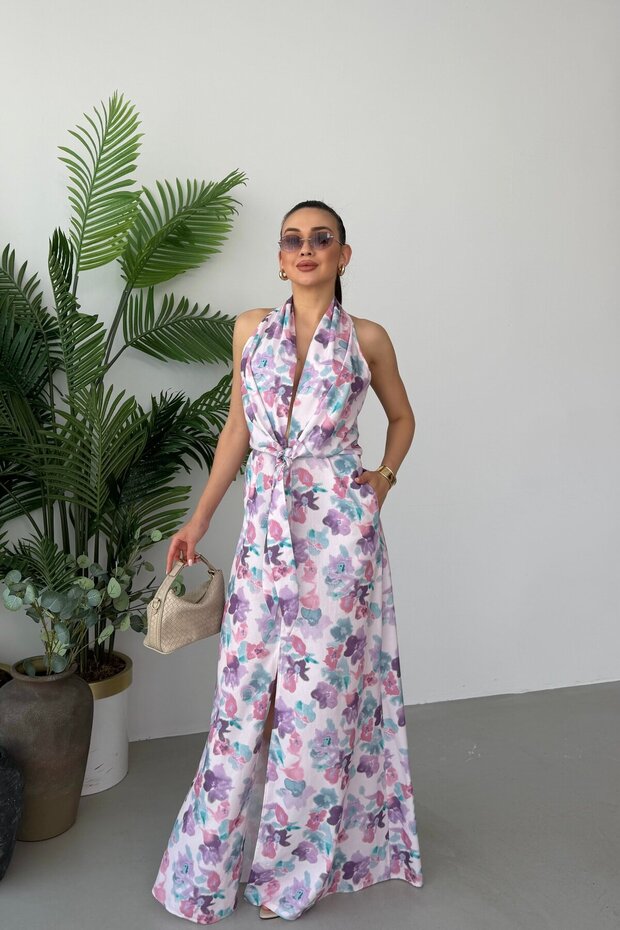 Pink Patterned Tie-Waist Sleeveless Long Dress